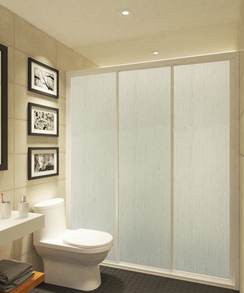 (Bergen Series) 1 fix 2 sliding door framed system shower screen with white powder coated frame _ embossed polystyrene panel