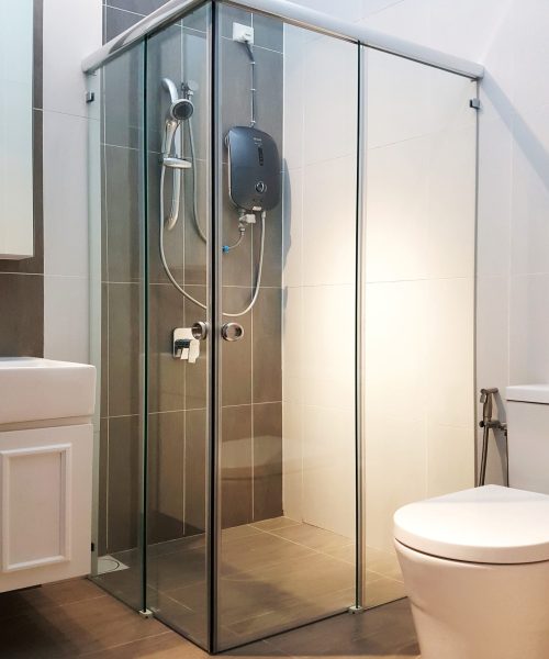 (Monza Series) L-shape frameless sliding system with 8mm clear tempered safety glass shower screen 1